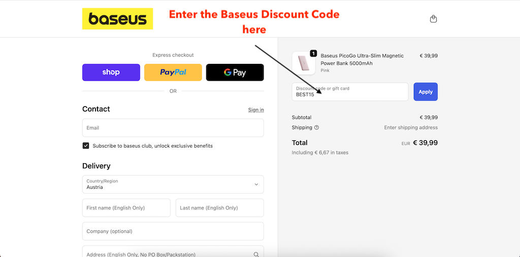 How To Add a BASEUS Discount Code