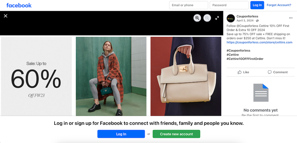 Koda za popust Cettire za Facebook