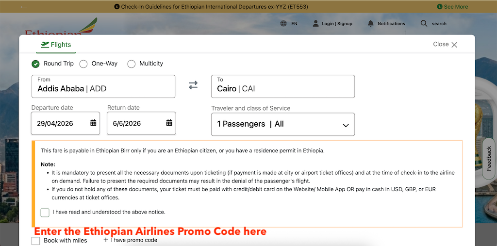 How To Add an Ethiopian Airlines Promo Code