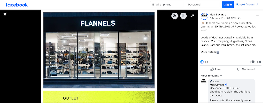 Flannels facebook promo code