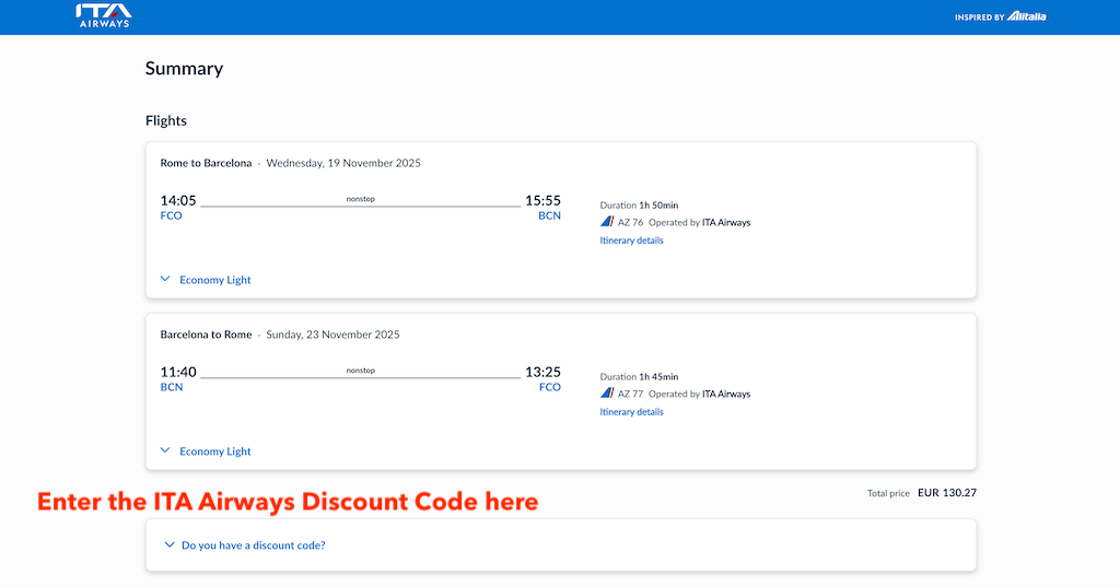 How to Add an ITA Airways Discount Code