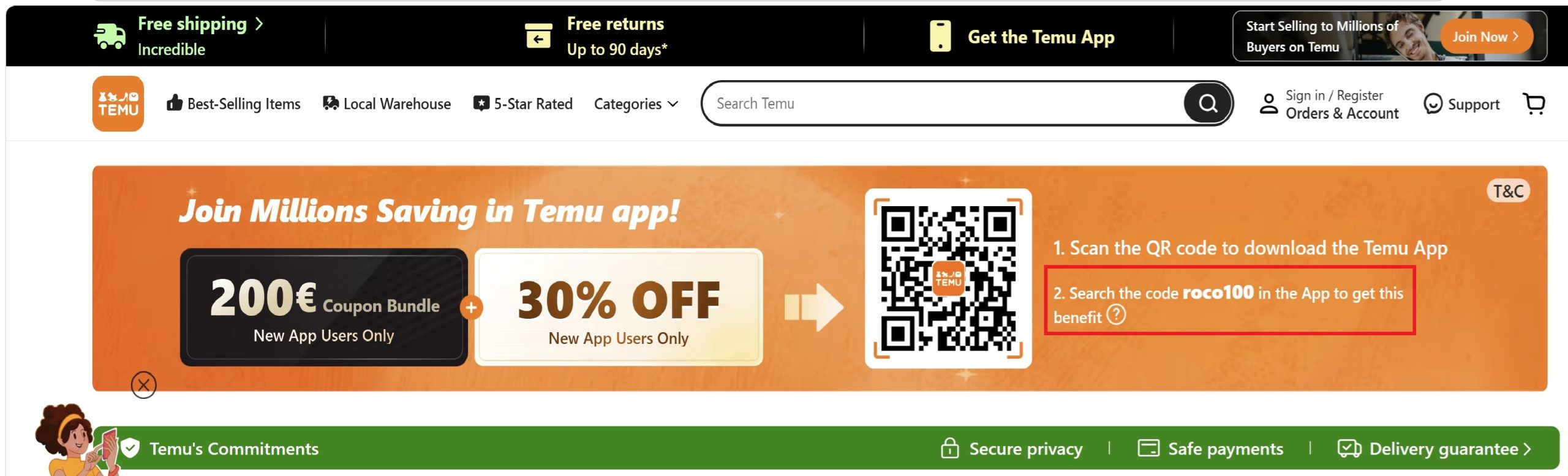 Captura de tela promocional do Temu.com mostrando o código de cupom ROCO100 com um pacote de cupons de €200 e 30% de desconto para novos usuários elegíveis do aplicativo.