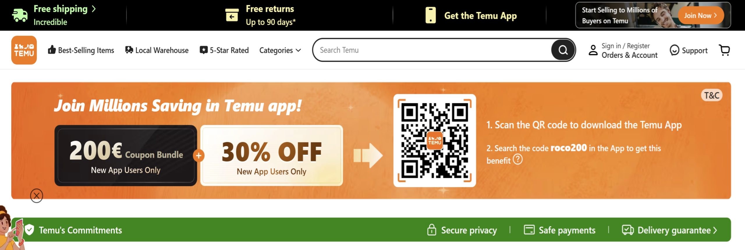 Captura de tela promocional do Temu.com mostrando o código de cupom ROCO200 com um pacote de cupons de €200 e 30% de desconto para novos usuários elegíveis do aplicativo.