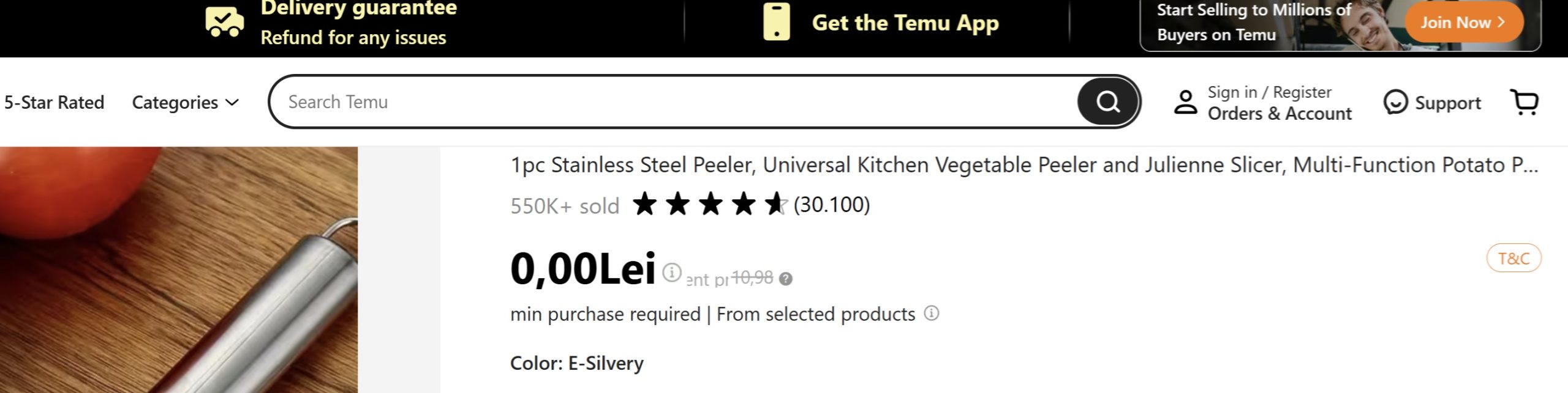 Captura de tela do Temu.com mostrando um produto selecionado a 0.00 Lei em uma oferta de brindes.